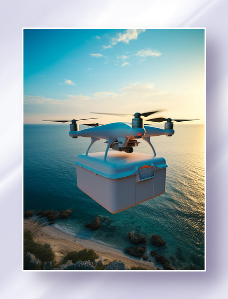 海面上空飞行的高科技智能无人机在运送快递物资包裹