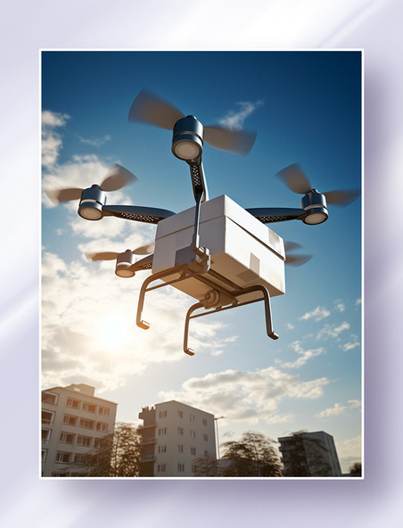 城市上空无人机在运输快递包裹高科技智能空中投递