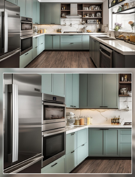 现代厨房场景厨具冰箱淡绿色摄影房间室内装修房间室内装修