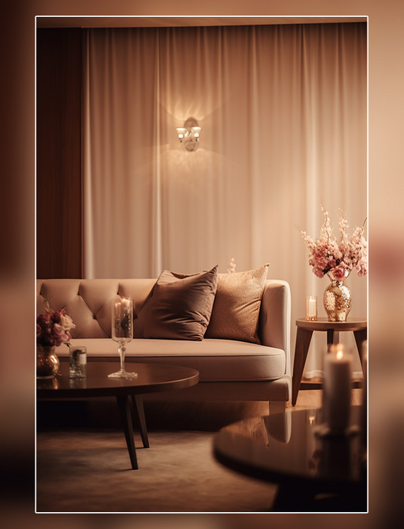 室内设计温馨的客厅温暖的光线柔和的装饰优雅拍摄的房地产照片