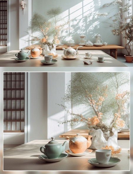 古典茶室茶具植物场景摄影房间室内装修