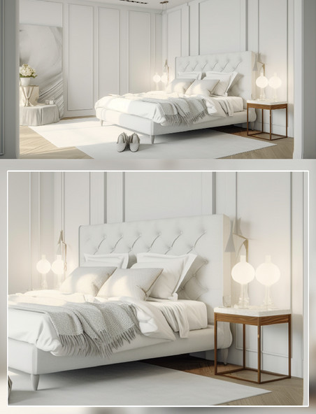 现代白色明亮卧室床场景摄影房间室内装修房间室内装修