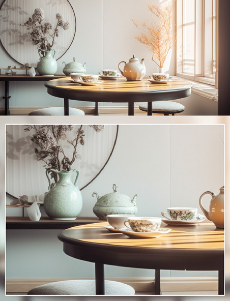 茶室茶具桌子装饰花场景摄影房间室内装修