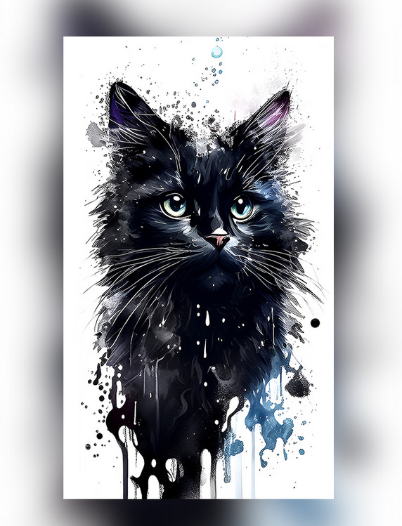水彩泼墨霸气黑猫创意艺术插画