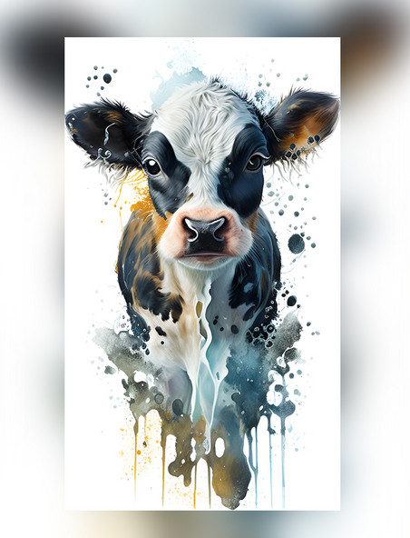 水彩泼墨风格十二生肖奶牛创意艺术插画