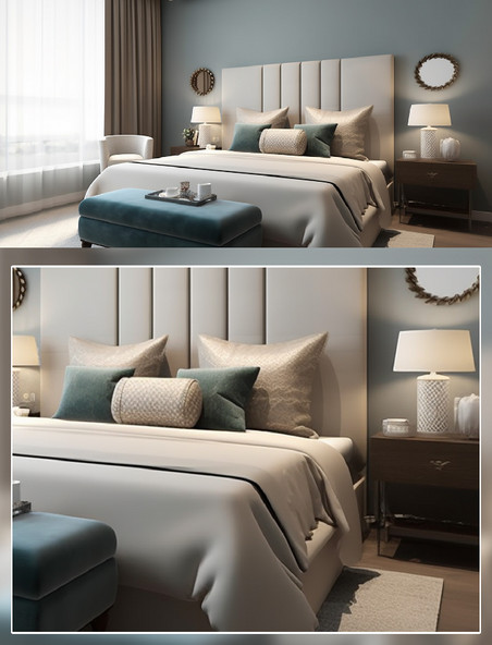 现代卧室床床头凳子场景摄影房间室内装修房间室内装修