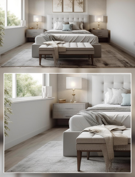 北欧风卧室场景床床头凳摄影房间室内装修房间室内装修