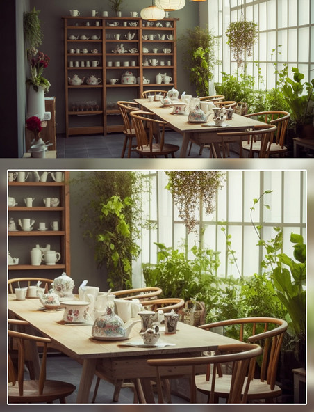 新中式茶室茶具桌椅绿植场景摄影房间室内装修