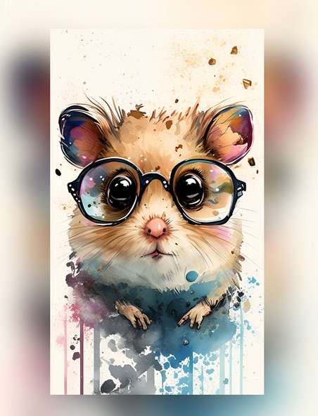 水彩泼墨十二生肖鼠可爱仓鼠创意艺术插画
