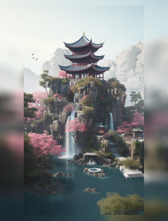 中式建筑桃花浮岛瀑布山水美景游戏原画