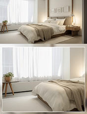 现代简洁卧室床白色被子纱窗窗帘场景摄影房间室内装修房间室内装修