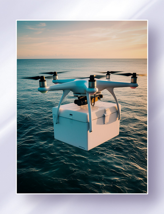 白色高科技智能无人机输运包裹物资飞行在大海空中