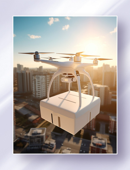 高科技智能无人机在城市上空运送快递包裹物资