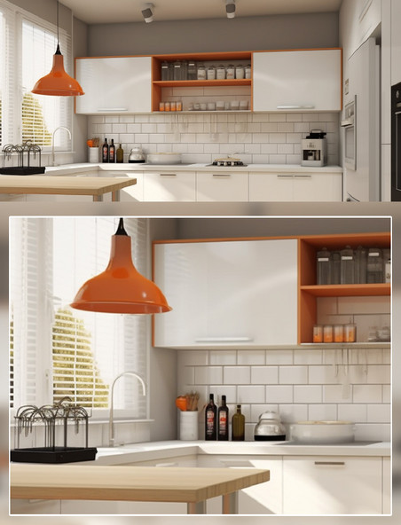 明亮橙色白色厨房餐桌厨具场景摄影房间室内装修