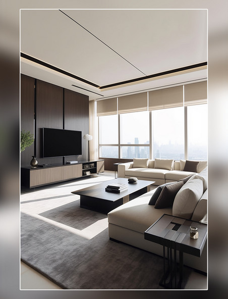 明亮的客厅沙发地毯茶几吊灯扶手椅现代有机风格的住宅室内设计项目房间室内装修