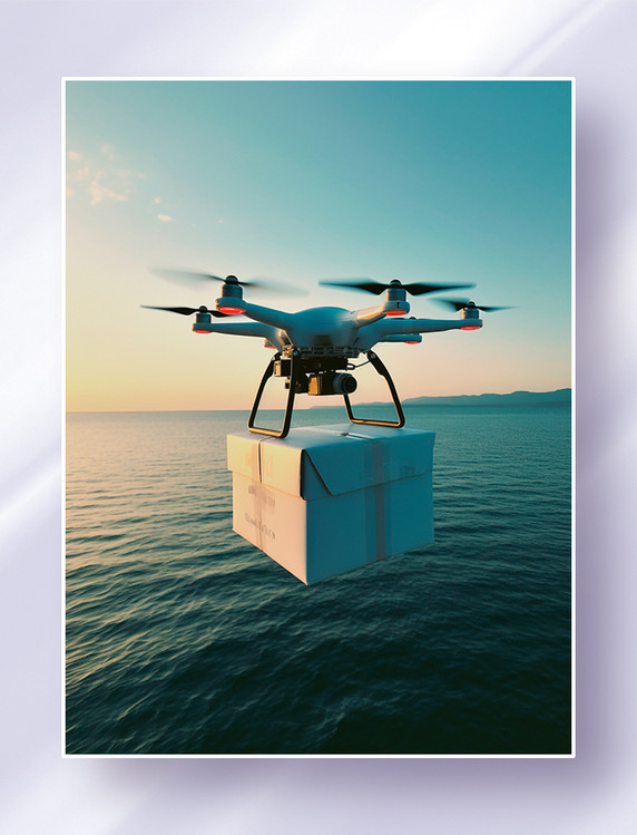 在大海上进行空中远程快递运输的智能无人机