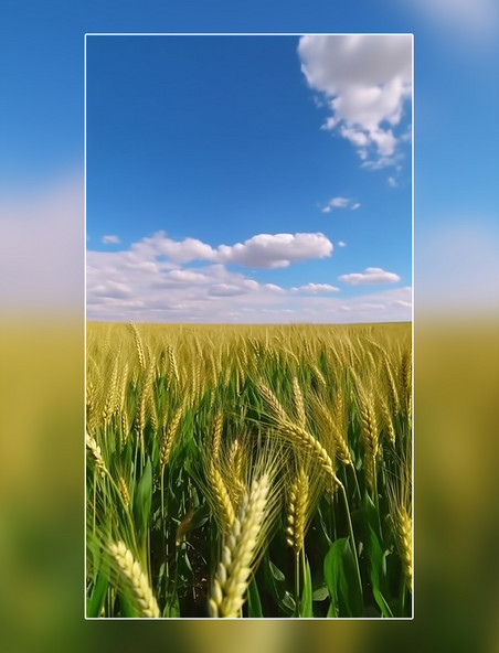 春天小麦麦穗小满一片麦田蓝天白云摄影图阳光明媚的春天