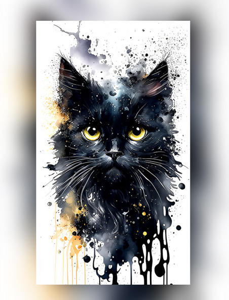 水彩泼墨漂亮黑猫白狼创意艺术插画