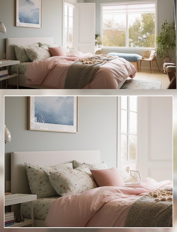 温馨卧室床粉色被子场景摄影房间室内装修房间室内装修