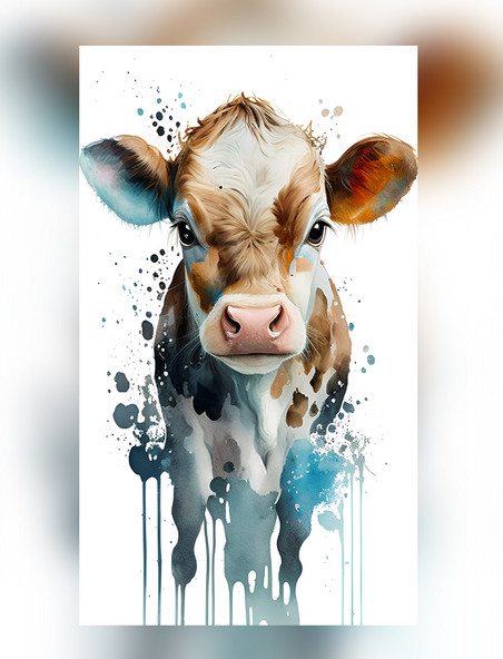 水彩泼墨艺术风格十二生肖牛创意艺术插画