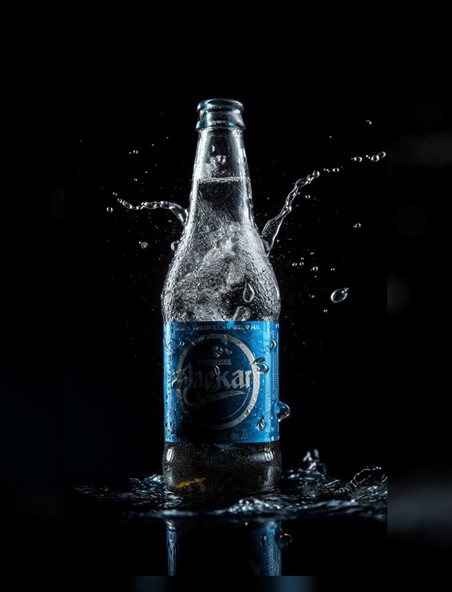 商业摄影水滴四溅特写镜头啤酒蓝色商标