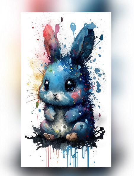 水彩泼墨十二生肖蓝色可爱小兔子创意艺术插画