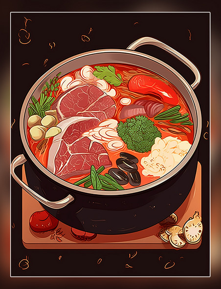 中餐火锅手绘风插画扁平插画一锅炖有蔬菜和肉