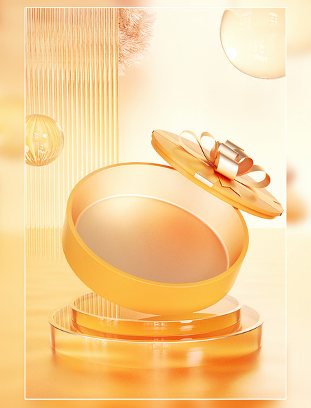 3D立体玻璃电商美妆促销展台背景金色礼盒