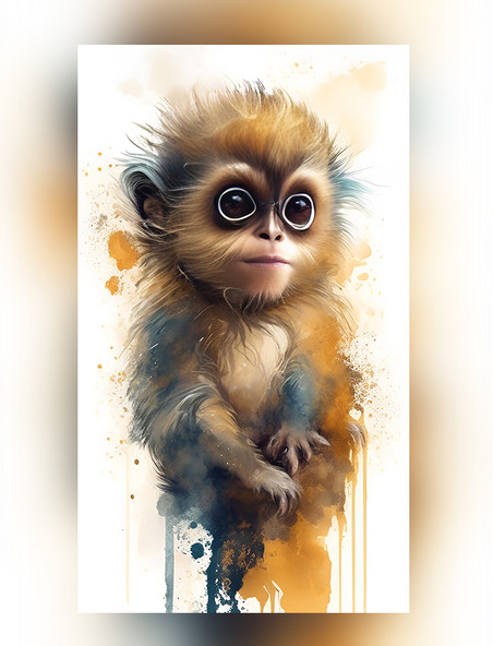 水彩泼墨十二生肖可爱小猴子创意艺术插画