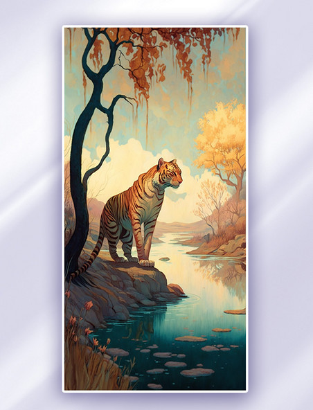 一只老虎在萨里的异想天开的数字插画
