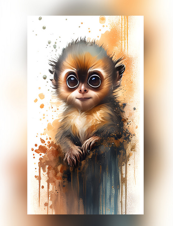 水彩泼墨风格十二生肖小猴子创意艺术插画