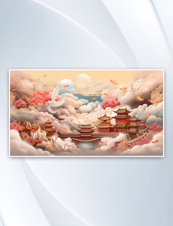 中国风彩色国潮古典风景插画