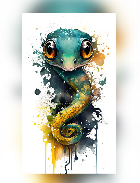 水彩泼墨风格十二生肖小蛇创意艺术插画