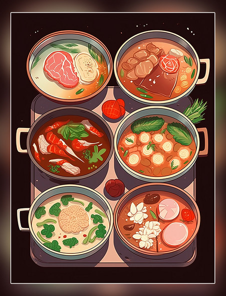 中餐手绘风插画扁平插画一锅炖火锅有蔬菜和肉