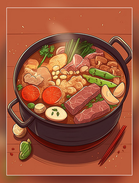 有蔬菜和肉中餐手绘风插画扁平插画一锅炖火锅