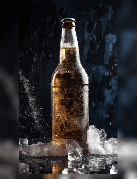 冰块中瓶装啤酒结霜特写