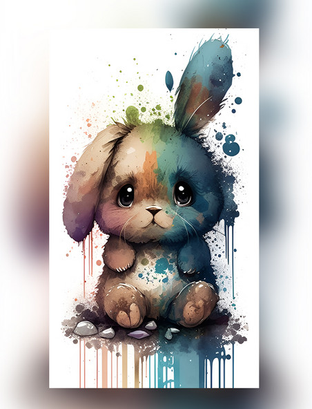 水彩泼墨十二生肖小兔子创意艺术插画