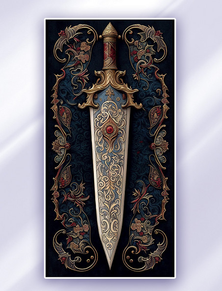 蓝翼中世纪地毯设计的国王视图宝剑数字插画