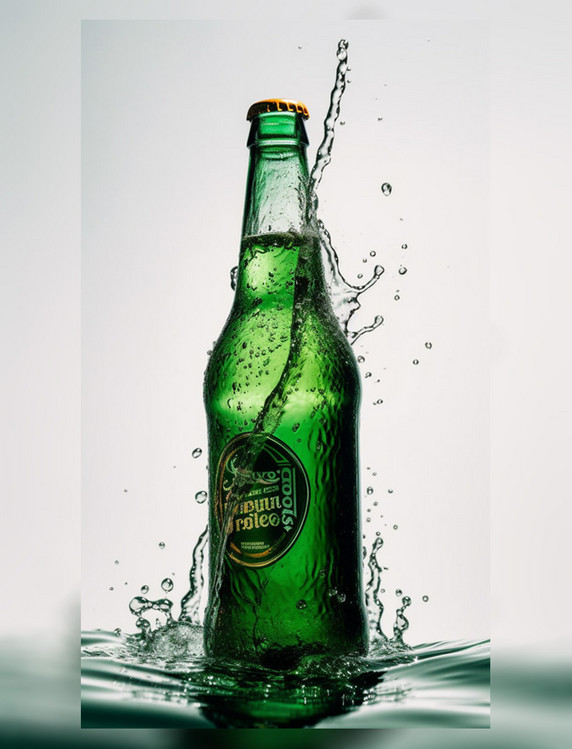 商业摄影白色背景水滴四溅特写镜头绿瓶啤酒