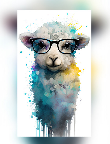 水彩泼墨十二生肖戴眼镜的小羊创意艺术插画