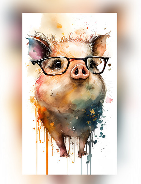 水彩泼墨十二生肖可爱小猪创意艺术插画