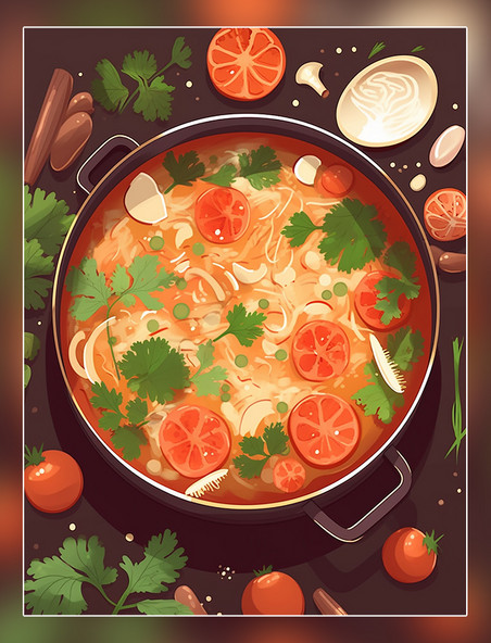 手绘风中餐插画扁平插画一锅炖火锅有蔬菜和肉