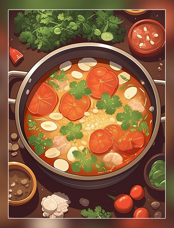 中餐一锅炖火锅有蔬菜和肉手绘风插画扁平插画