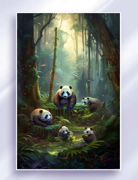 竹林里有一群国宝大熊猫在玩耍插画