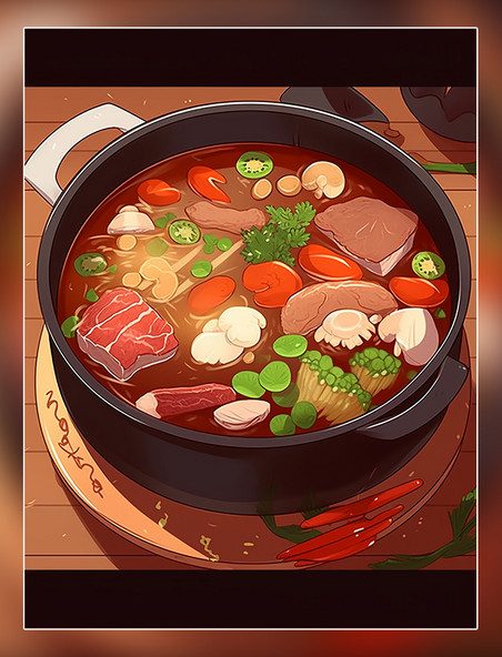 火锅中餐手绘风插画扁平插画一锅炖有蔬菜和肉
