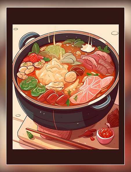 插画扁平插画中餐手绘风一锅炖火锅有蔬菜和肉