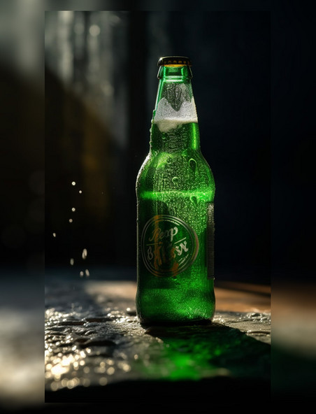 商业摄影阳光照射水滴四溅特写镜头绿瓶啤酒
