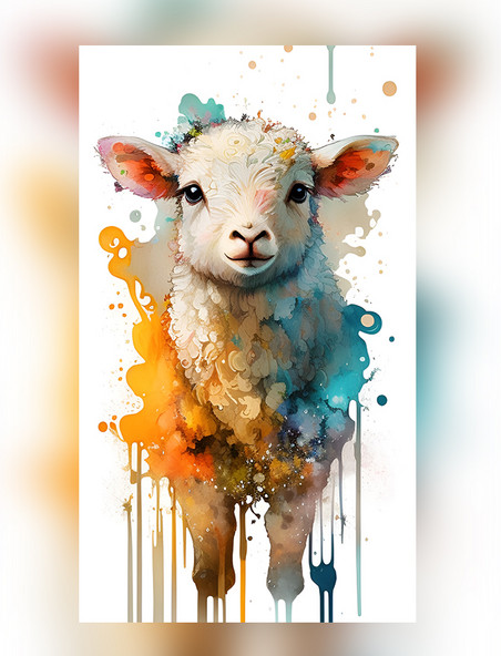水彩泼墨十二生肖可爱彩色小羊创意艺术插画