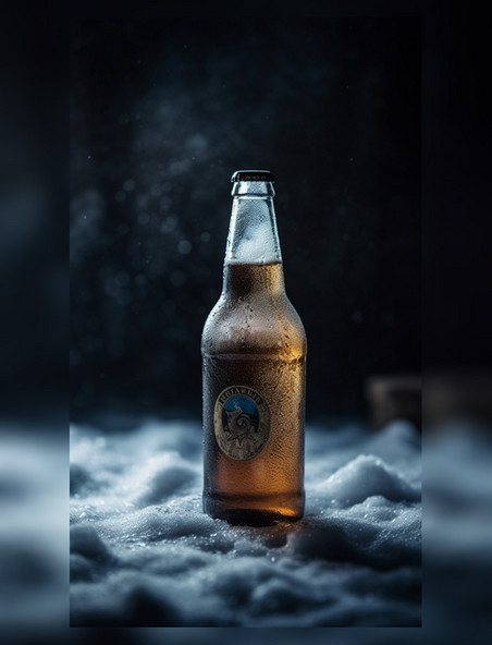 冰雪上瓶装啤酒结霜特写