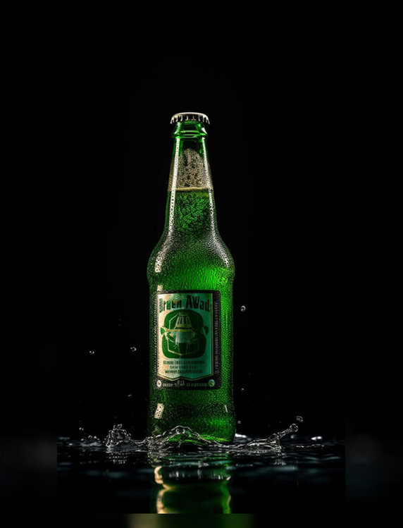 商业摄影水滴四溅特写镜头绿色瓶装啤酒